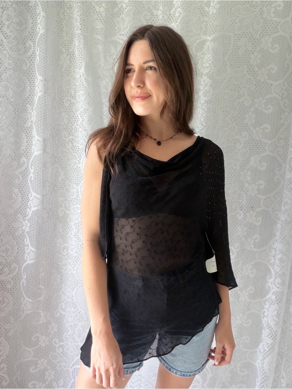 Vintage 90s Angie Black Sheer Sequin Asymmetrical Draped Top
